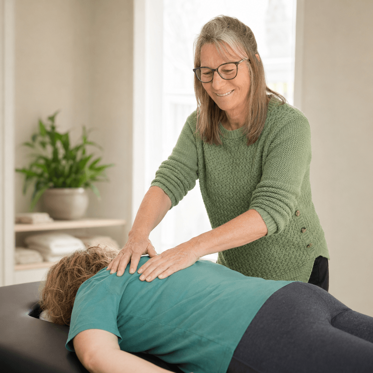 Kathy Morton smiling while working on a client — Pain & Wellness Solutions
