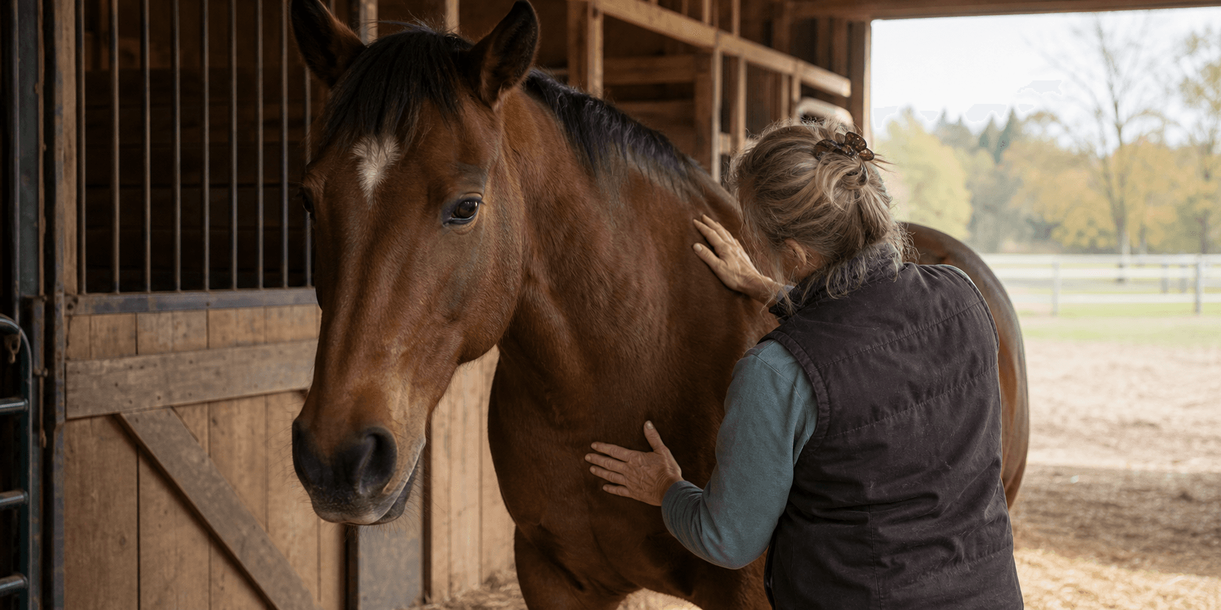 Gentle equine bodywork in a rural barn